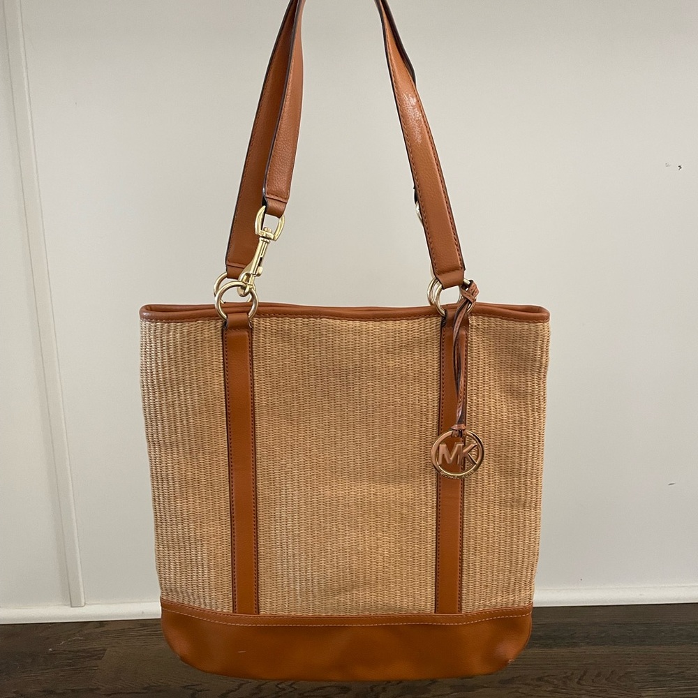 Michael Kors brown leather and woven straw tote